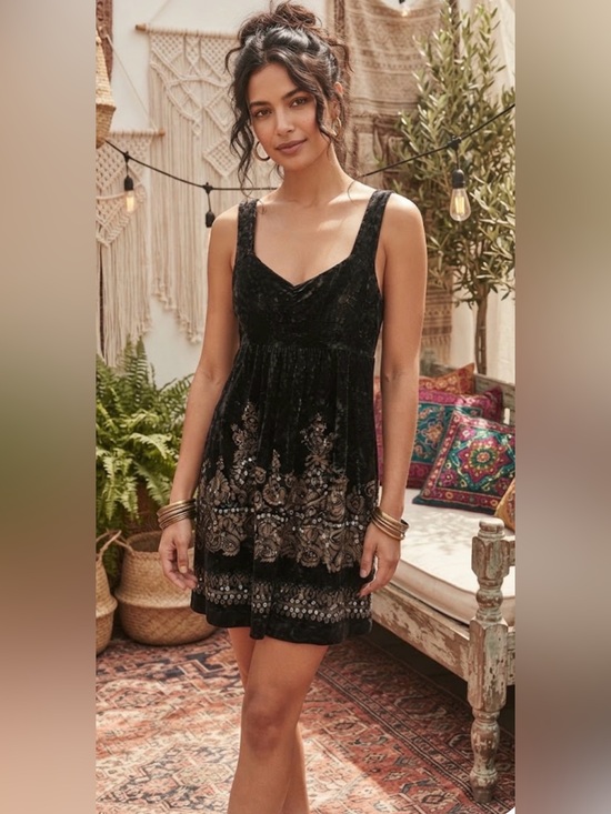 Free People Dresses & Skirts - Free People Black Velvet Embroidered Mini Dress